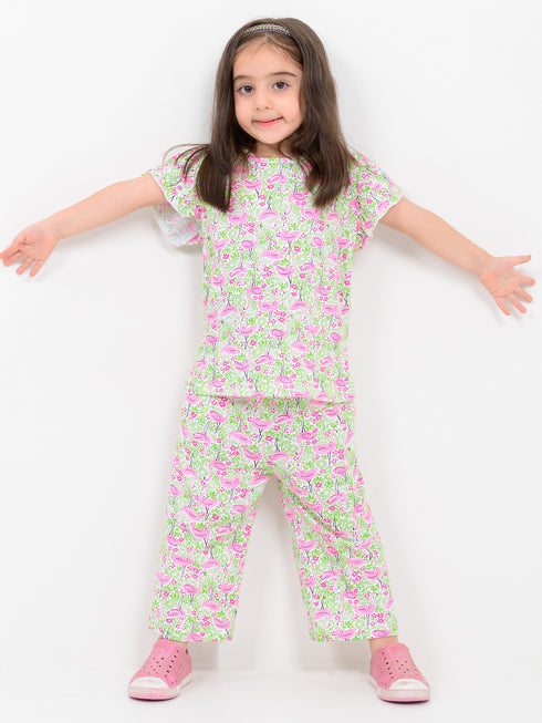 Frill Sleeves Flamingo Fun Cotton Trouser Set (Pink Meadow)